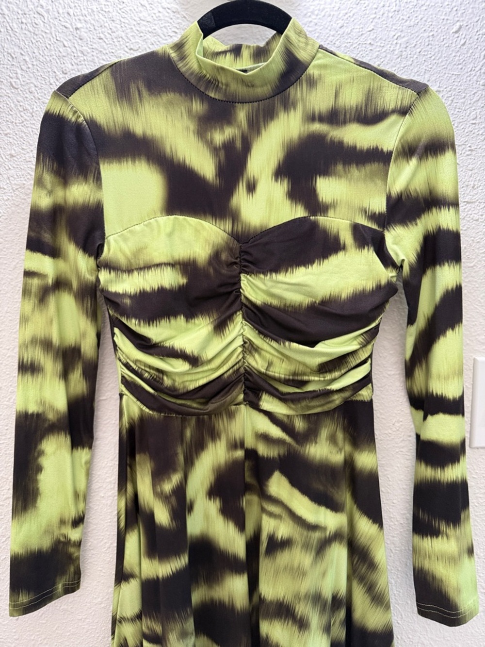 Neon Lime & Black Ruched Long Sleeve Dress